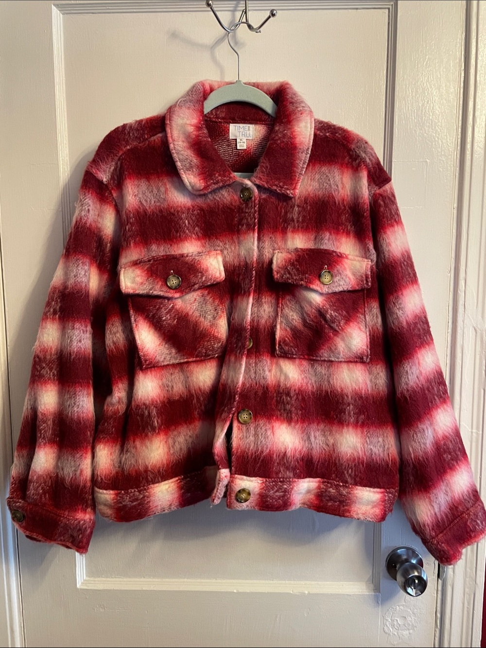 Time and Tru Red and White Plaid Faux Fur Pea Coat